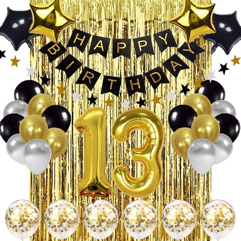 Buy Black and Gold 13th Birthday Decorations Banner Balloon, Happy ...