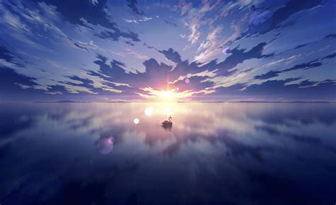 anime, anime sky, sky, skyscape, lake, swan, reflection, shining ...