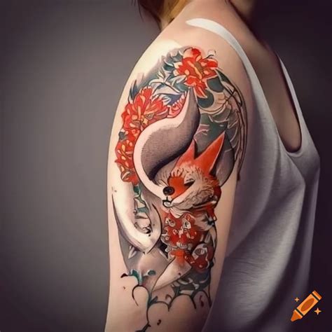 Japanese fox tattoo design on right arm on Craiyon