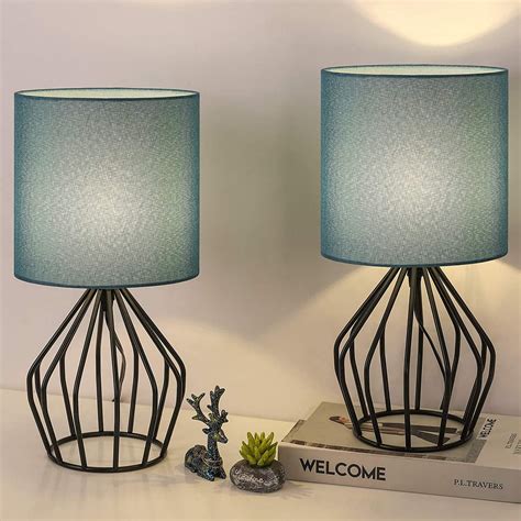 Modern Table Lamps Set of 2 - Black Metal Bedside Teal Lamps for ...