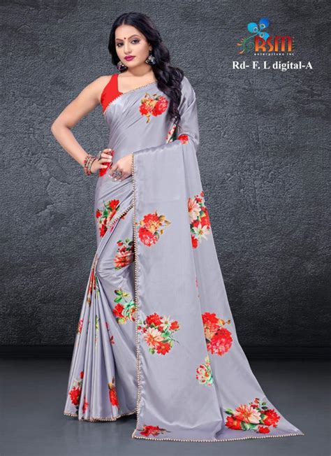 Satin Floral Saree with Pearl Border in Grey - Rsm Silks Online