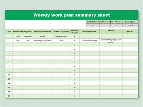 EXCEL of Weekly Work Plan Summary.xlsx | WPS Free Templates