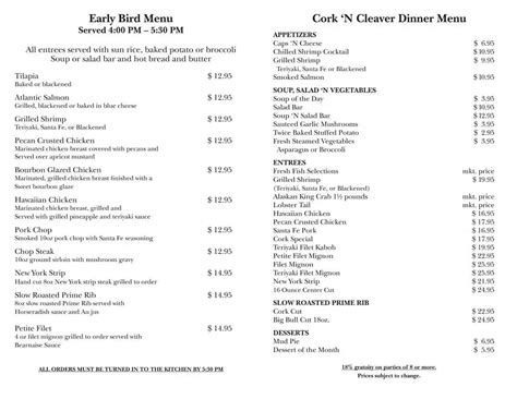 Menu at Cork 'n Cleaver steakhouse, Evansville