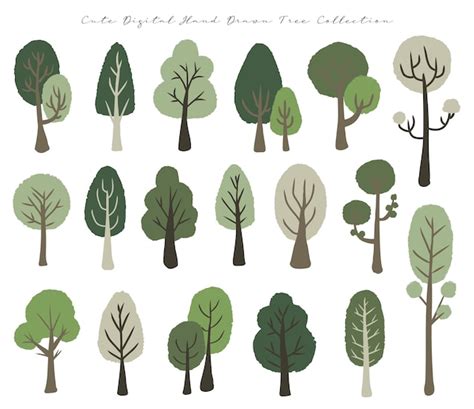 Premium Vector | A set of digital drawing green tree