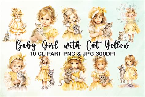 Baby Girl with Cat Yellow Clipart Graphic by Venime · Creative Fabrica