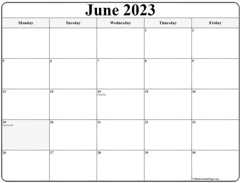 June 2023 Monday Calendar | Monday to Sunday