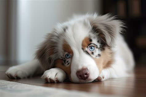 Australian shepherd puppy with blue eyes lying on the floor at home ...