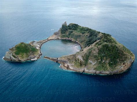 Aerial view of Islet of Vila Franca do Campo crater submerged volcano ...