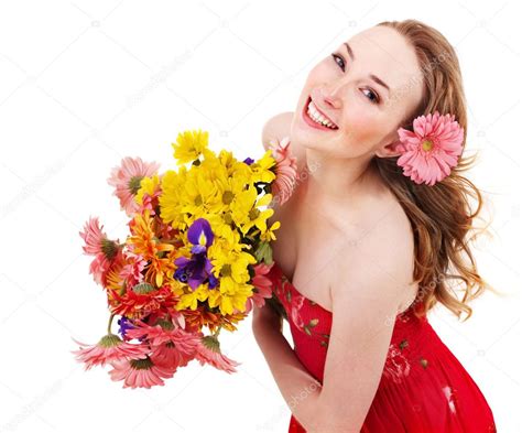 Happy young woman holding flowers. — Stock Photo © poznyakov #5189431