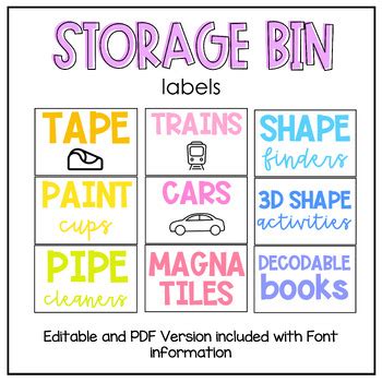 EDITABLE Storage Labels for Bins in Cabinets, Play Bins, Closet Bins, etc.