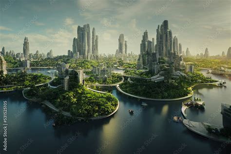 Green Utopia Futuristic Metropolis on the Coast of a Tropical Sea 3D ...