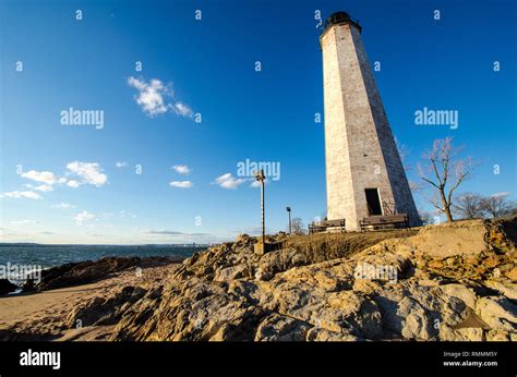 New Haven Lighthouse at Lighthouse Point, wide angle view Stock Photo ...