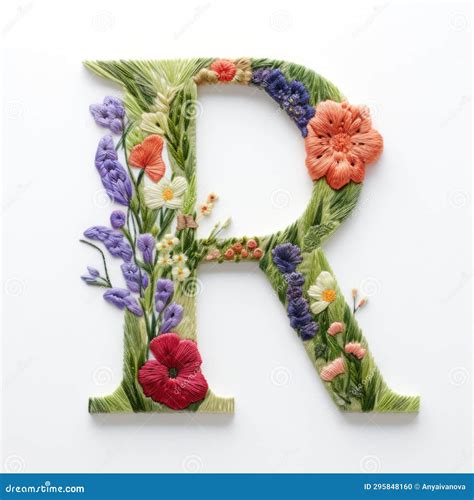 The Letter R is Decorated with Flowers and Leaves, Embroidery Effect ...