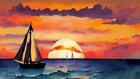 Premium AI Image | Watercolor art Ocean sunset with sailboat