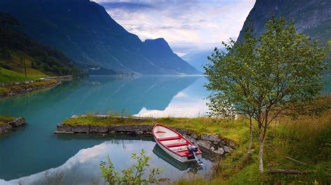 Norway, beautiful nature scenery, lake, mountains, clouds, boat, trees ...