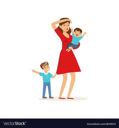 Cartoon of tired mother and her sons Royalty Free Vector