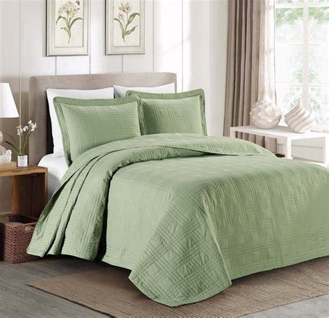 Queen Cal King Bed Sage Green Plaid Oversized 3 pc Quilt Set Coverlet ...