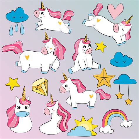 Set of cartoon pink unicorns girls fashion sketch icons with fancy ...