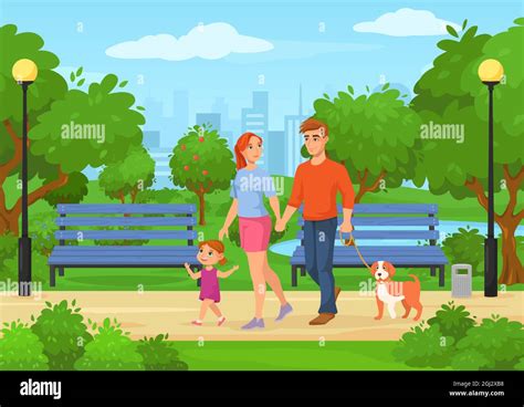 Cartoon happy family with kids walking in city park. Father, mother and ...