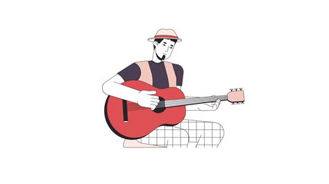 Musician playing acoustic guitar line 2D character animation. Guitarist ...