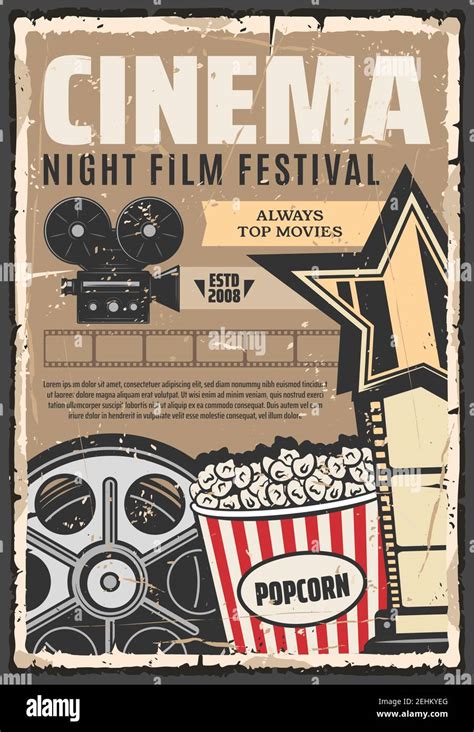 Cinema film festival vector retro poster. Popcorn and camera, vintage ...