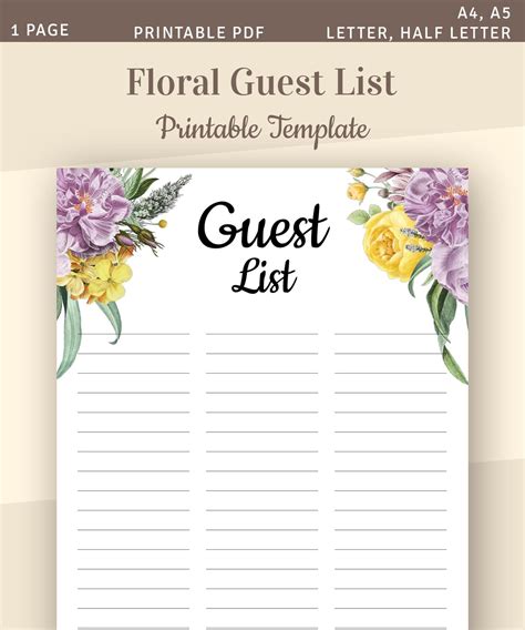 Floral Wedding Guest List Printable Wedding Template Guest - Etsy