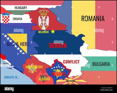 Illustration of a map of Serbia, Kosovo and neighboring countries with ...