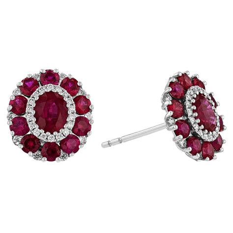 Oval Ruby with Diamond & Ruby Halo Stud Earrings in White Gold | Borsheims