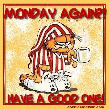 an image of garfield the cat holding a coffee cup and reading monday ...