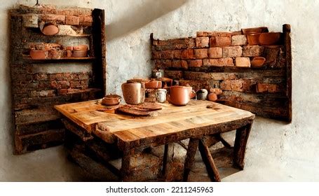 Rustic Kitchen Interior Design White Brick Stock Illustration ...