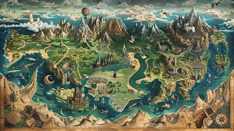 A map of a fantasy world with mountains forests rivers and lakes There ...