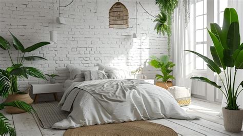 Premium Photo | Eclectic bedroom interior with tropical plants White ...