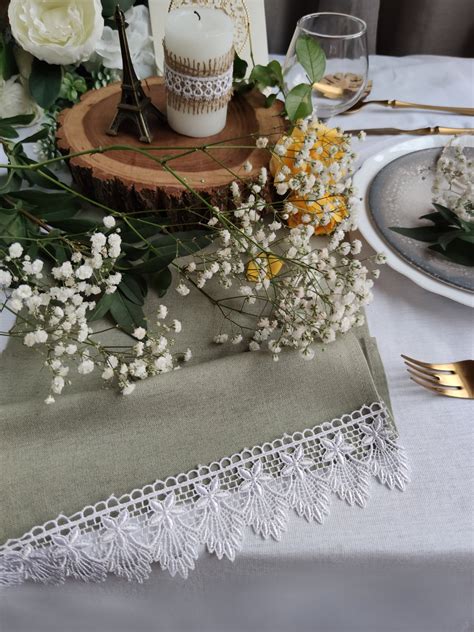 Sage Green Table Runner With White Lace Linen Viscose Runner - Etsy