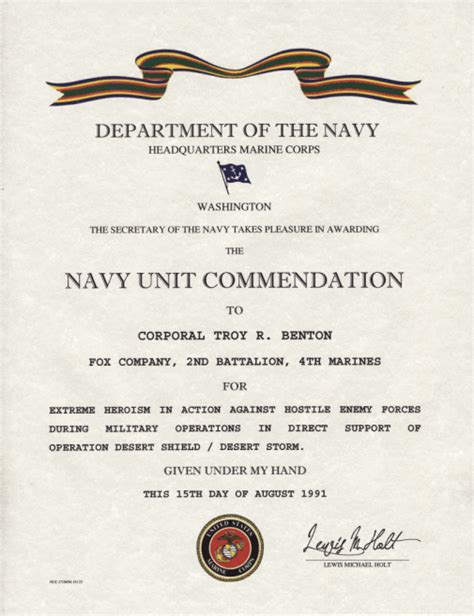 Navy Unit Commendation Ribbon certificate