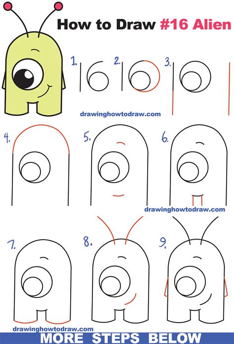 How to Draw Cute Cartoon Alien from Numbers “16” Easy Step by Step ...