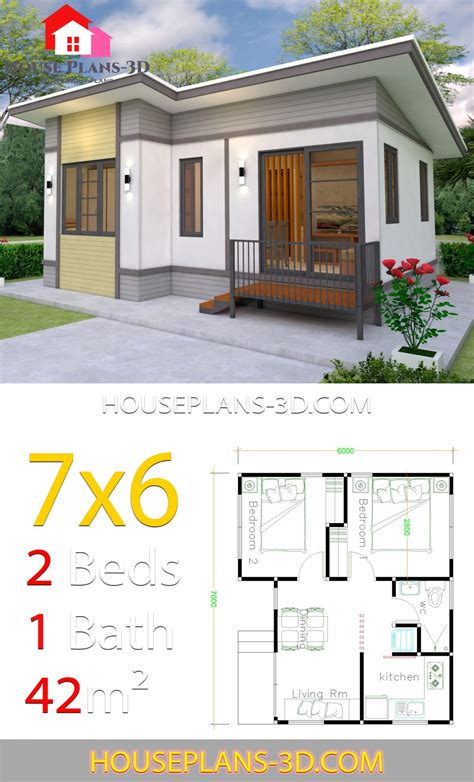 Small House plans 7x6 with 2 Bedrooms - House Plans 3D