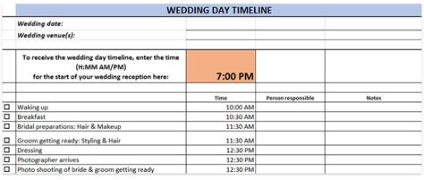 Wedding day timeline template generator, printable download