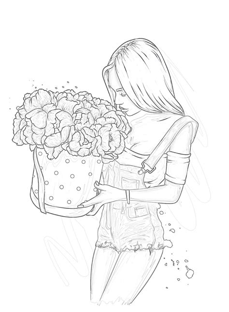 Printable Beautiful Girl With Flowers Coloring Page - Mimi Panda