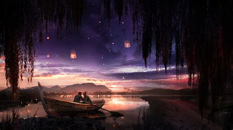 1920x1080 Boat Couple Dreamy Painting Lake Lantern Laptop Full HD 1080P ...