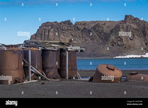 Ruined remains of a historical whaling station destroyed by a volcano ...