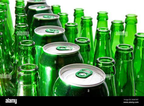 Empty glass beer bottles and cans Stock Photo - Alamy