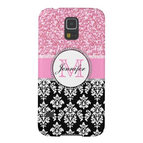 Girly, Pink, Glitter Black Damask Personalized Galaxy S5 Cases