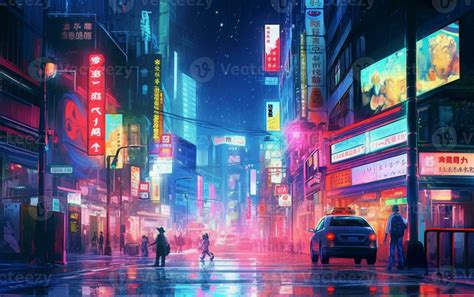 anime city street scene with neon lights and people crossing the street ...