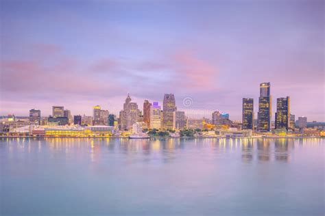 Detroit Skyline in Michigan, USA at Sunset Stock Image - Image of light ...