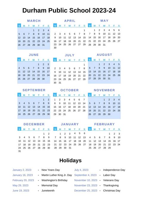 Durham Public Schools Calendar with Holidays 2023-2024