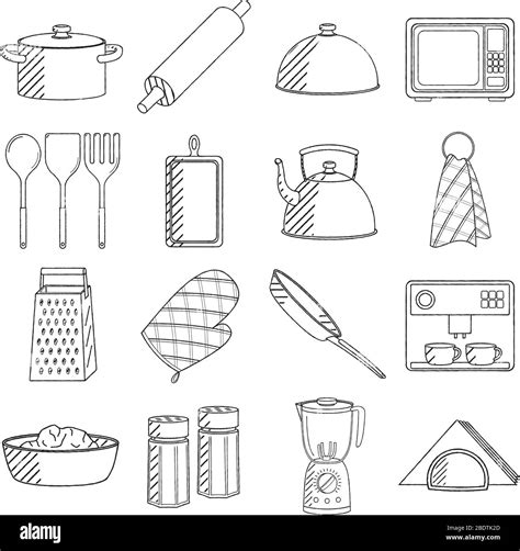 Kitchen utensils (set) - black and white illustration/ drawing Stock ...