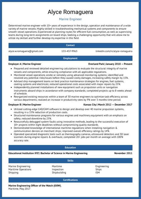 Marine Engineer Resume (CV) Example and Writing Guide