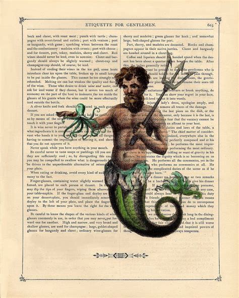 TRITON - MERMAN art print and his friendly Octopus dictionary antique ...