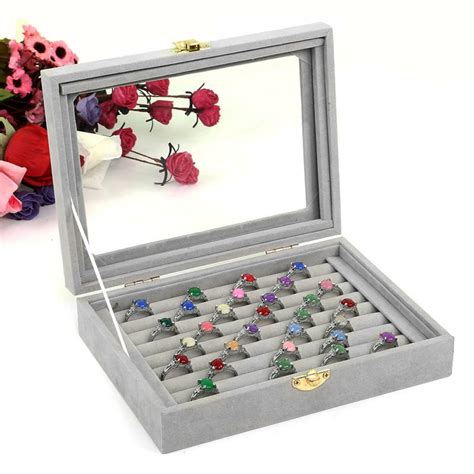 2018 Gray Velvet Glass Jewelry Box Rings Necklaces Storage Display Box ...