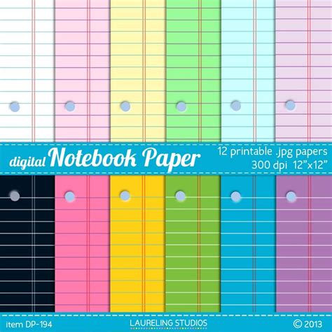 printable digital notebook paper in pastel & bright colors